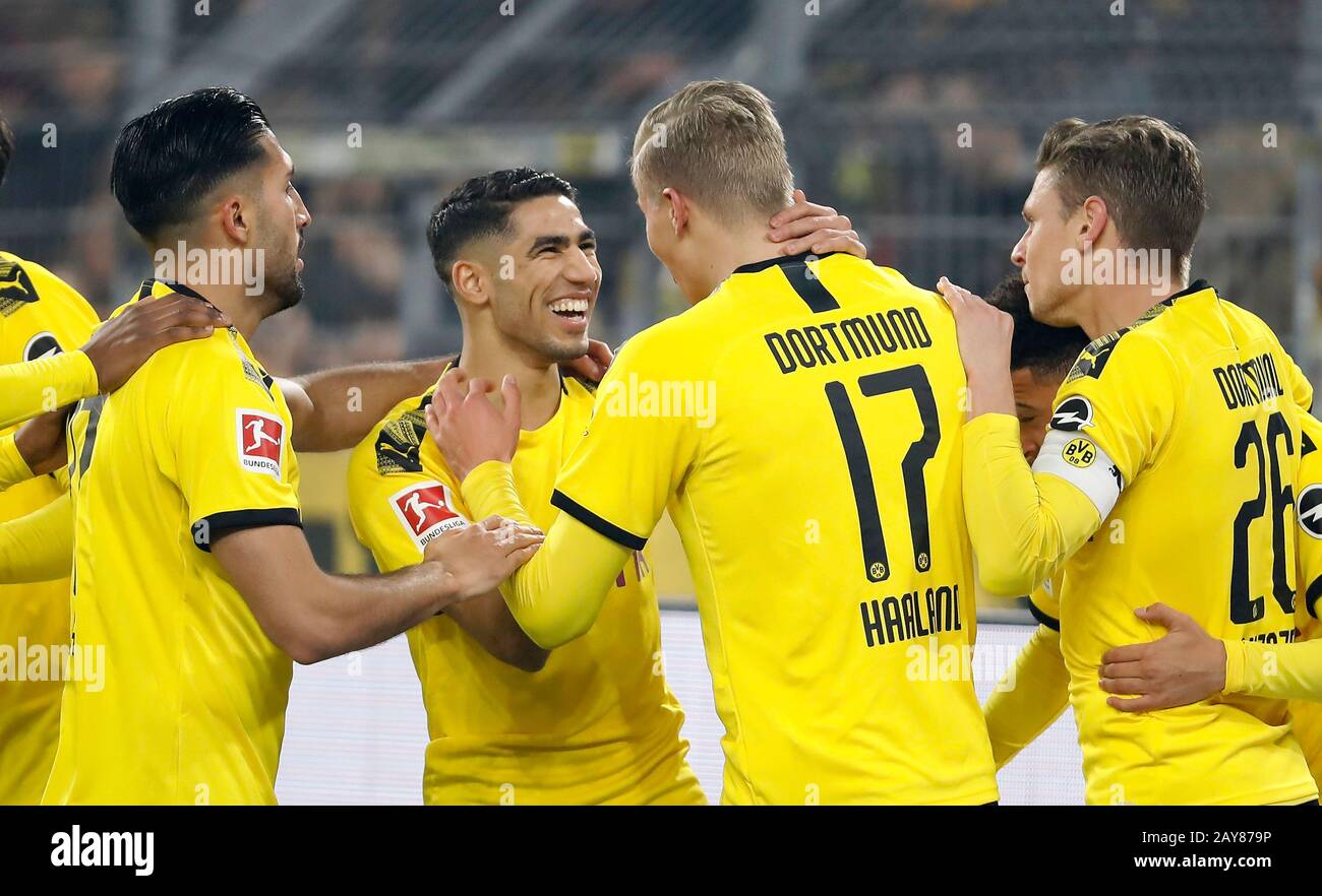 Dortmund Germany Signal Iduna Park 14th Feb 2020 Erling Braut Haaland Of Borussia Dortmund 17 Celebrates Scoring The 3 0 Goal With Achraf Hakimi Mouh Of Borussia Dortmund 2 L And Emre Can Of Borussia Dortmund
