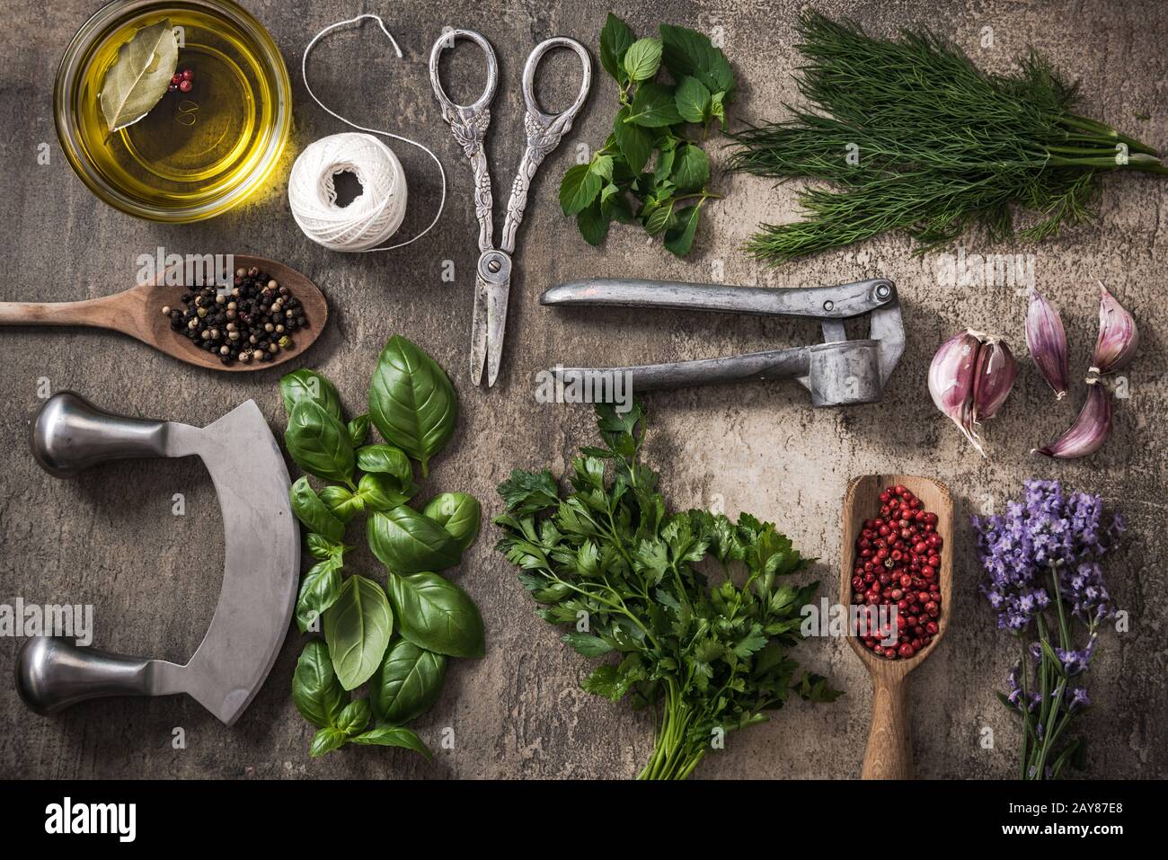 Fresh herbs and spices with herb cutter Stock Photo