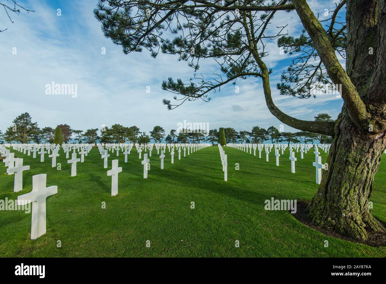 White crosses in American Cemetery, Omaha Beach, Normandy, France. Stock Photo