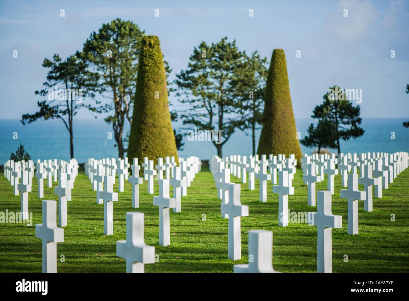 White crosses in American Cemetery, Omaha Beach, Normandy, France. Stock Photo