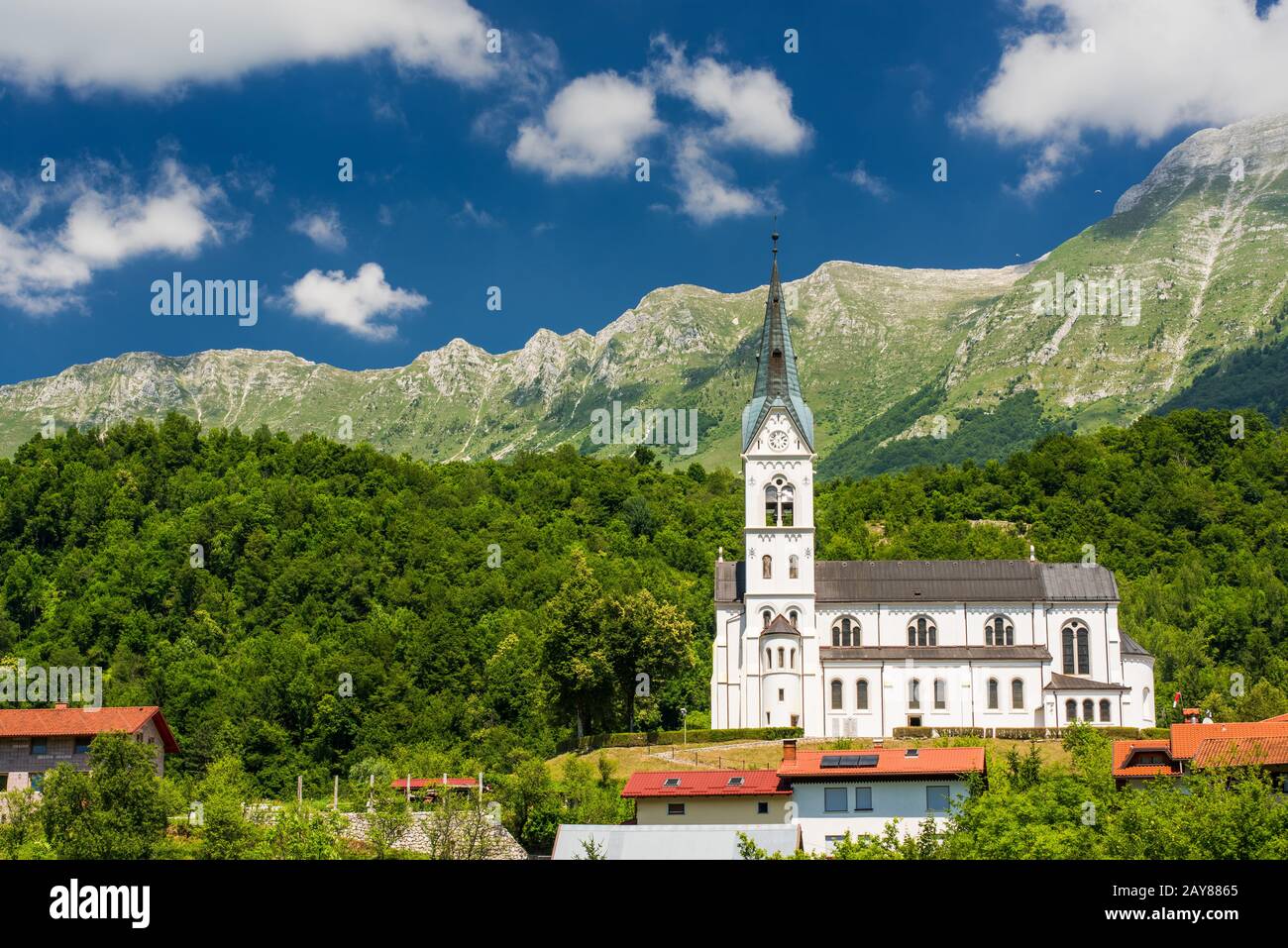 Dreznica church under Julian Alps in Triglav Park, Slovenia Stock Photo