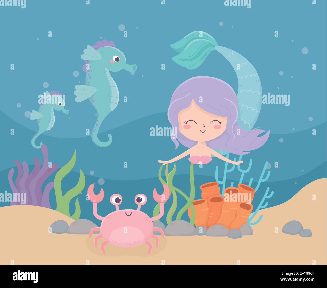 mermaid seahorses crab coral sand cartoon under the sea vector ...