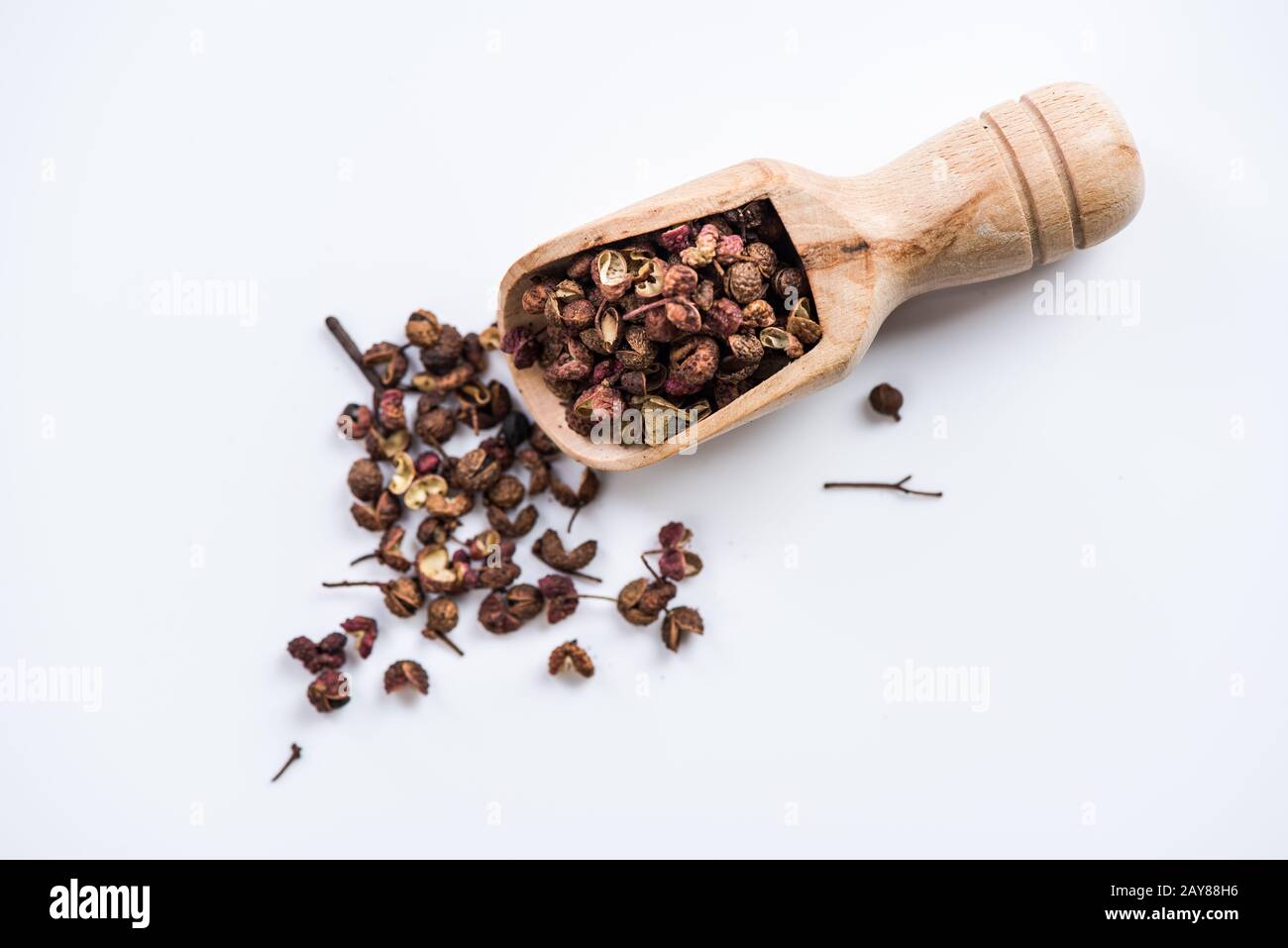 Wooden spoon with Chinese coriander,Sichuan pepper Stock Photo