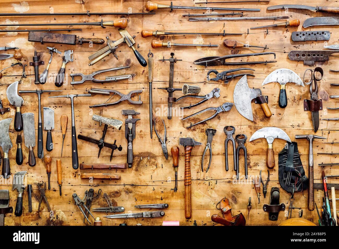 vintage tools on old wooden background Stock Photo