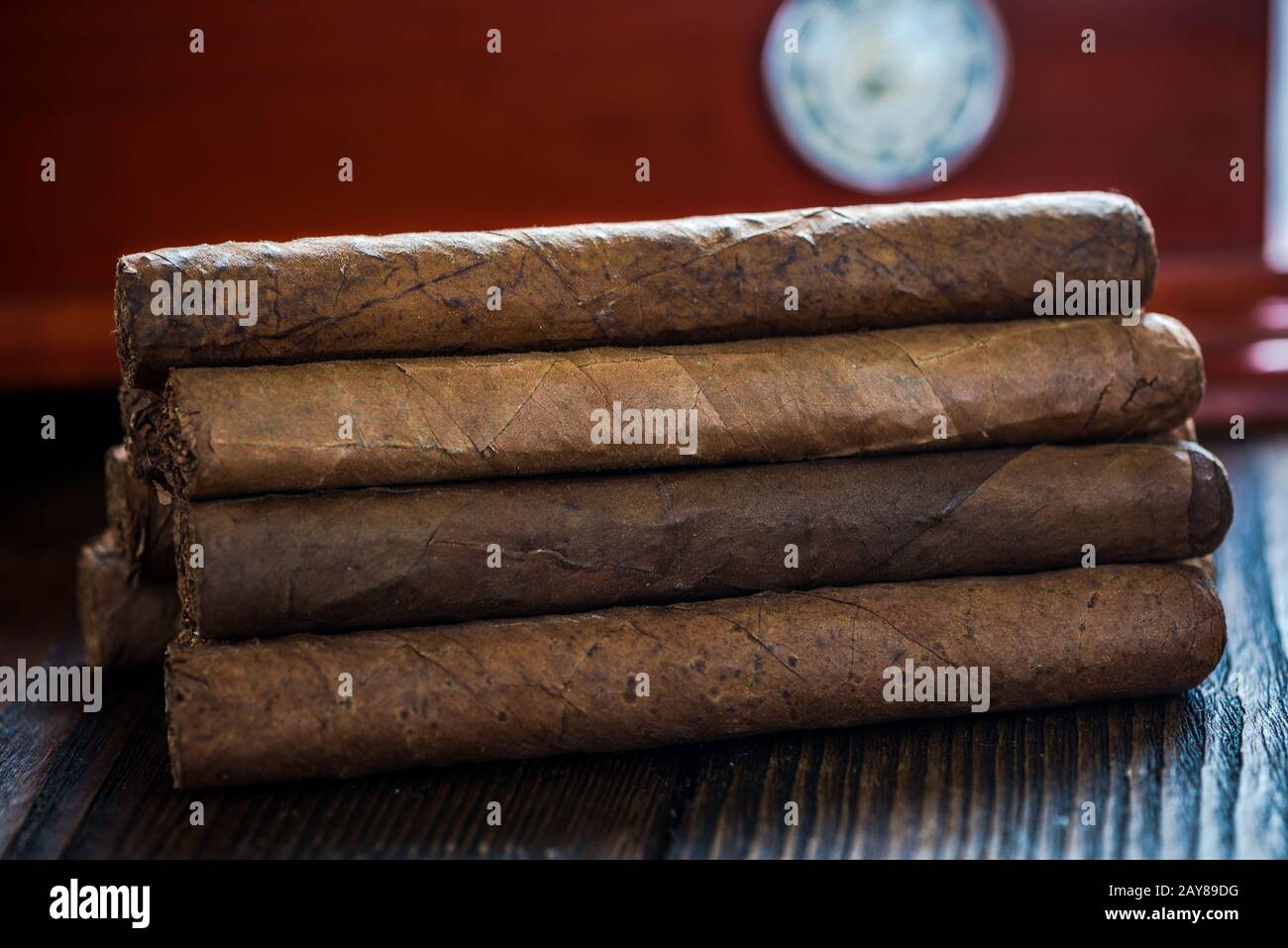 Cuban cigars and wooden humidor Stock Photo
