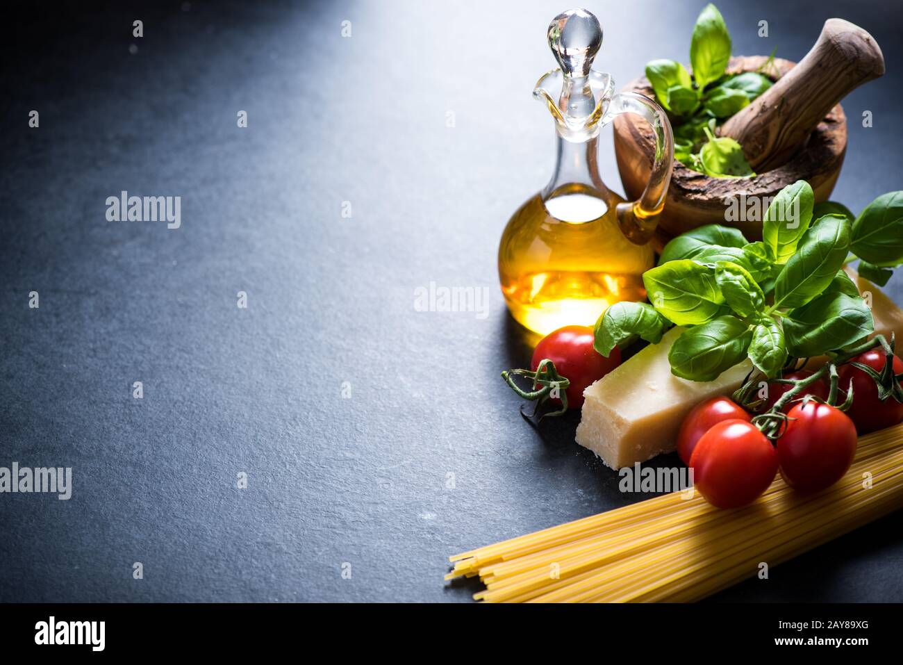 Simple italian dish, spaghetti ingredients Stock Photo