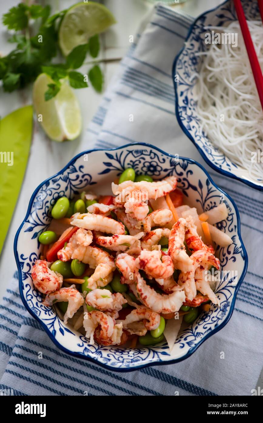 Helthy salad, asian style crayfish and edamame Stock Photo
