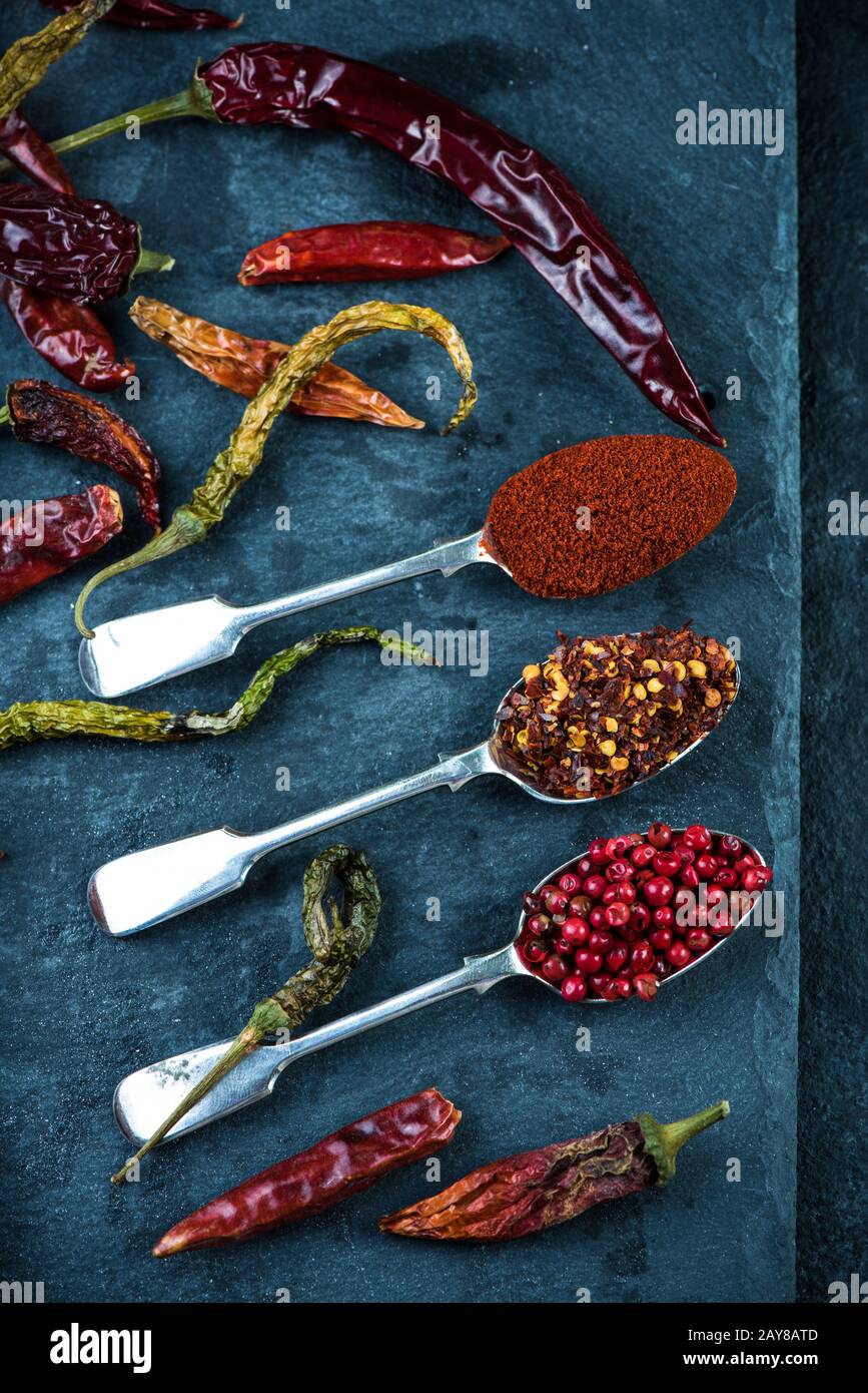 Dried hot peppers, food background Stock Photo