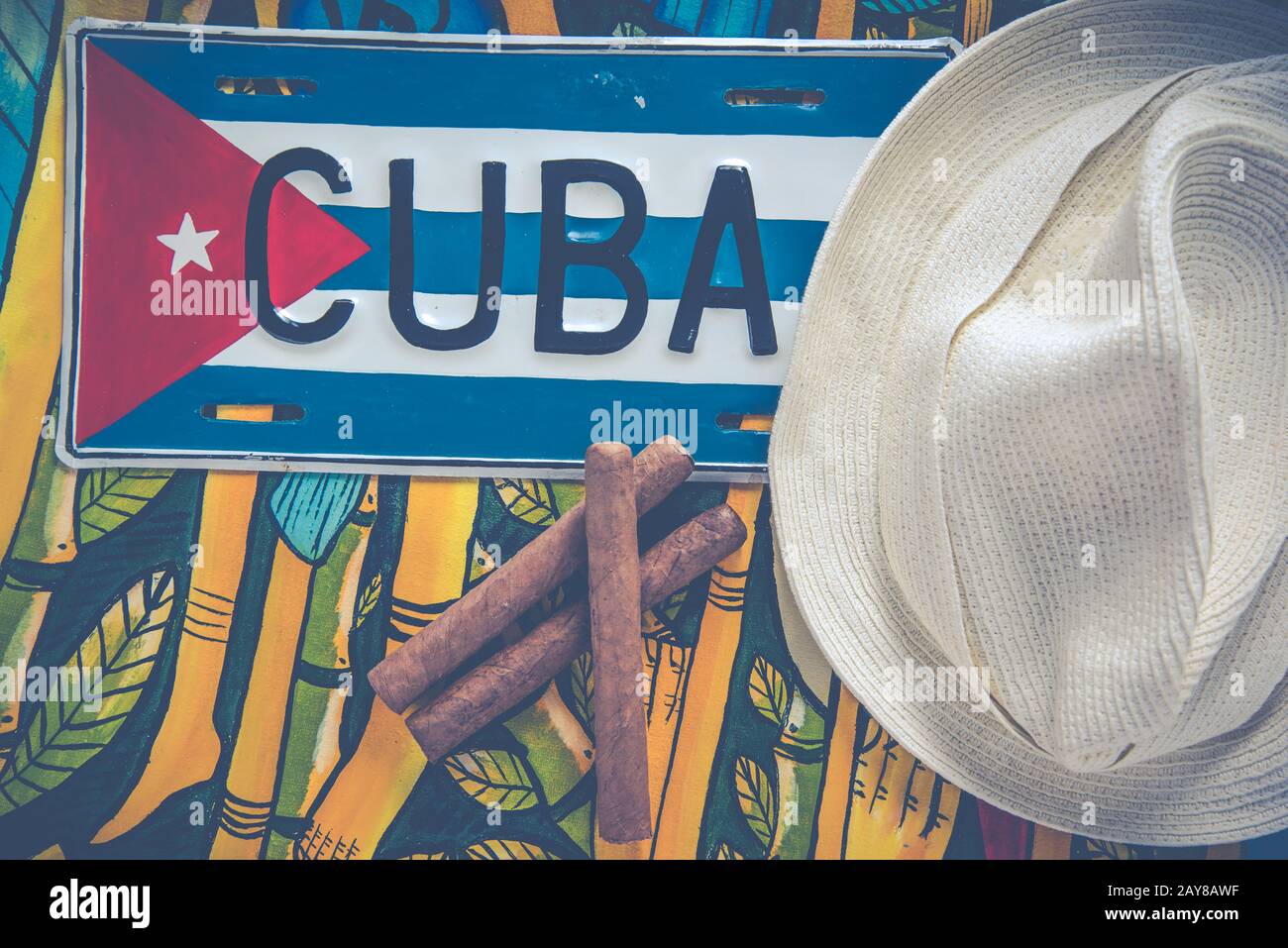 Panama hat and cigars, travel to Cuba Stock Photo