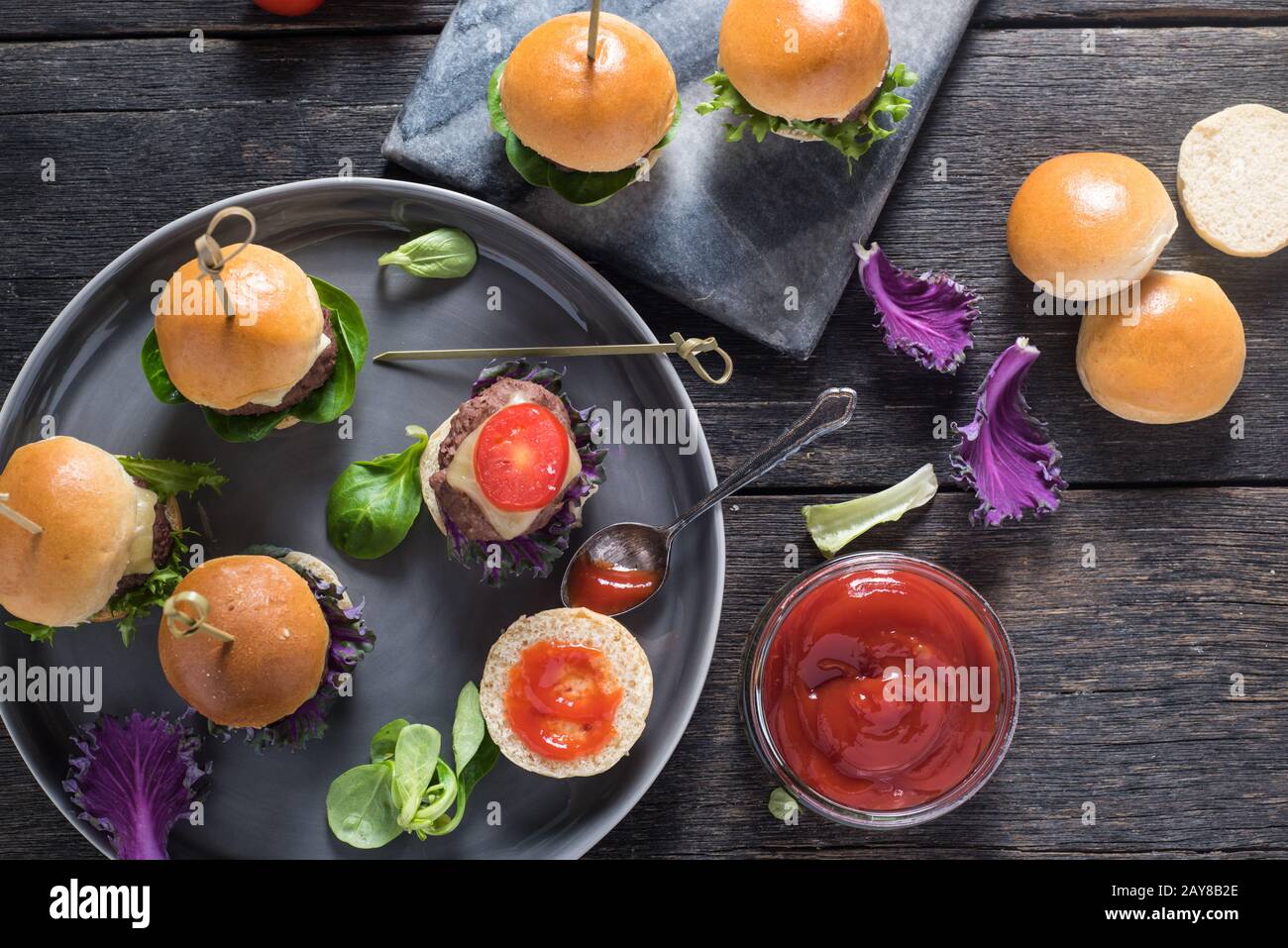 mini beef burgers from above Stock Photo