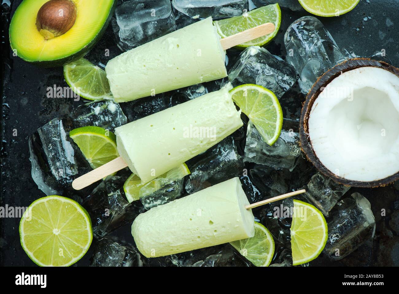 Avocado,lime and coconut healthy trendy popsicles Stock Photo
