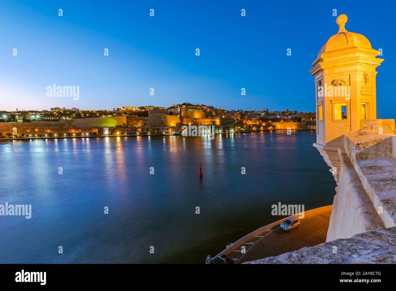 Guardiola Gardens tower and view over Valletta,Malta Stock Photo