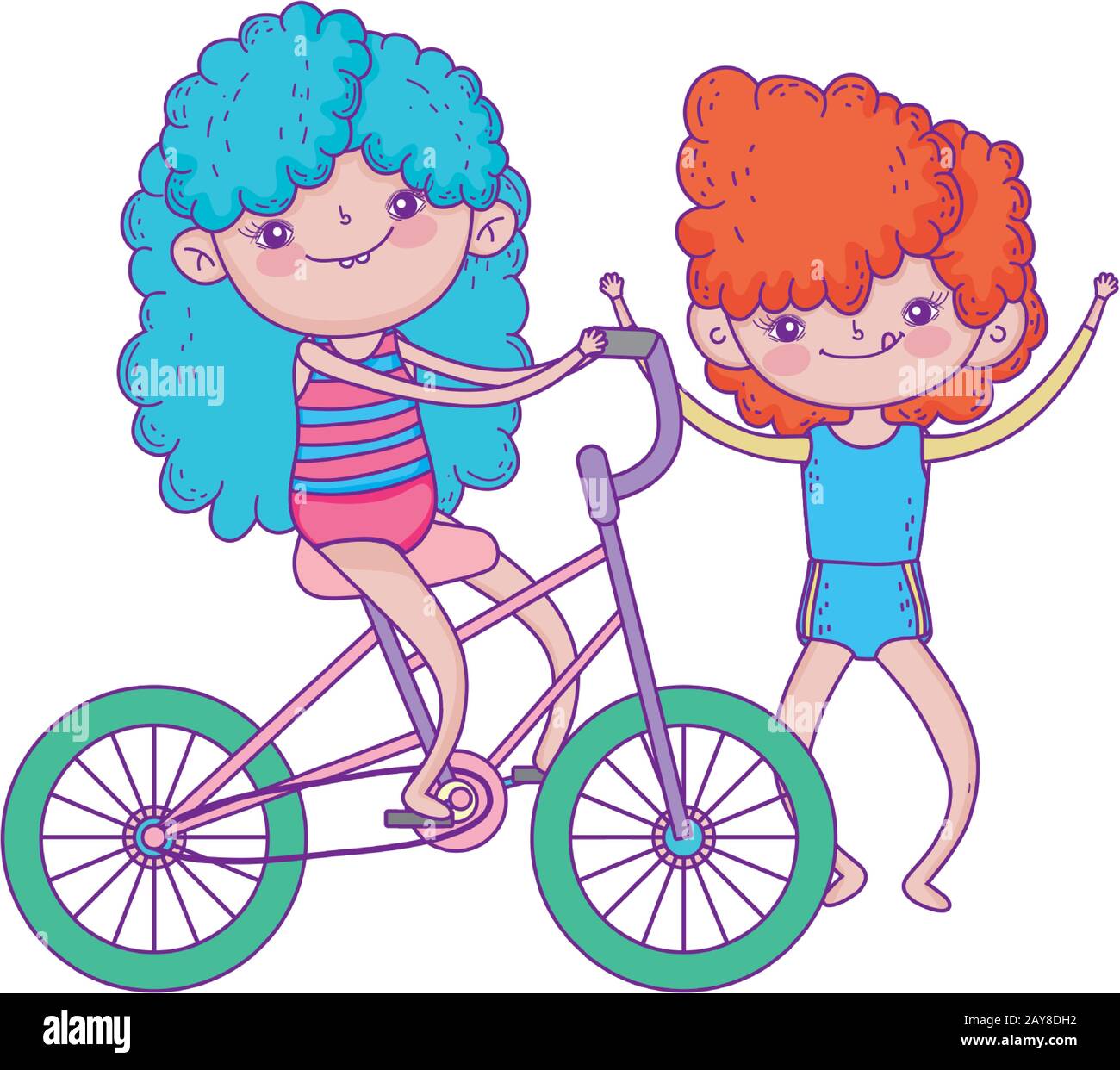 Happy Childrens Day Girl Riding Bicycle And Boy Outdoor Cartoon