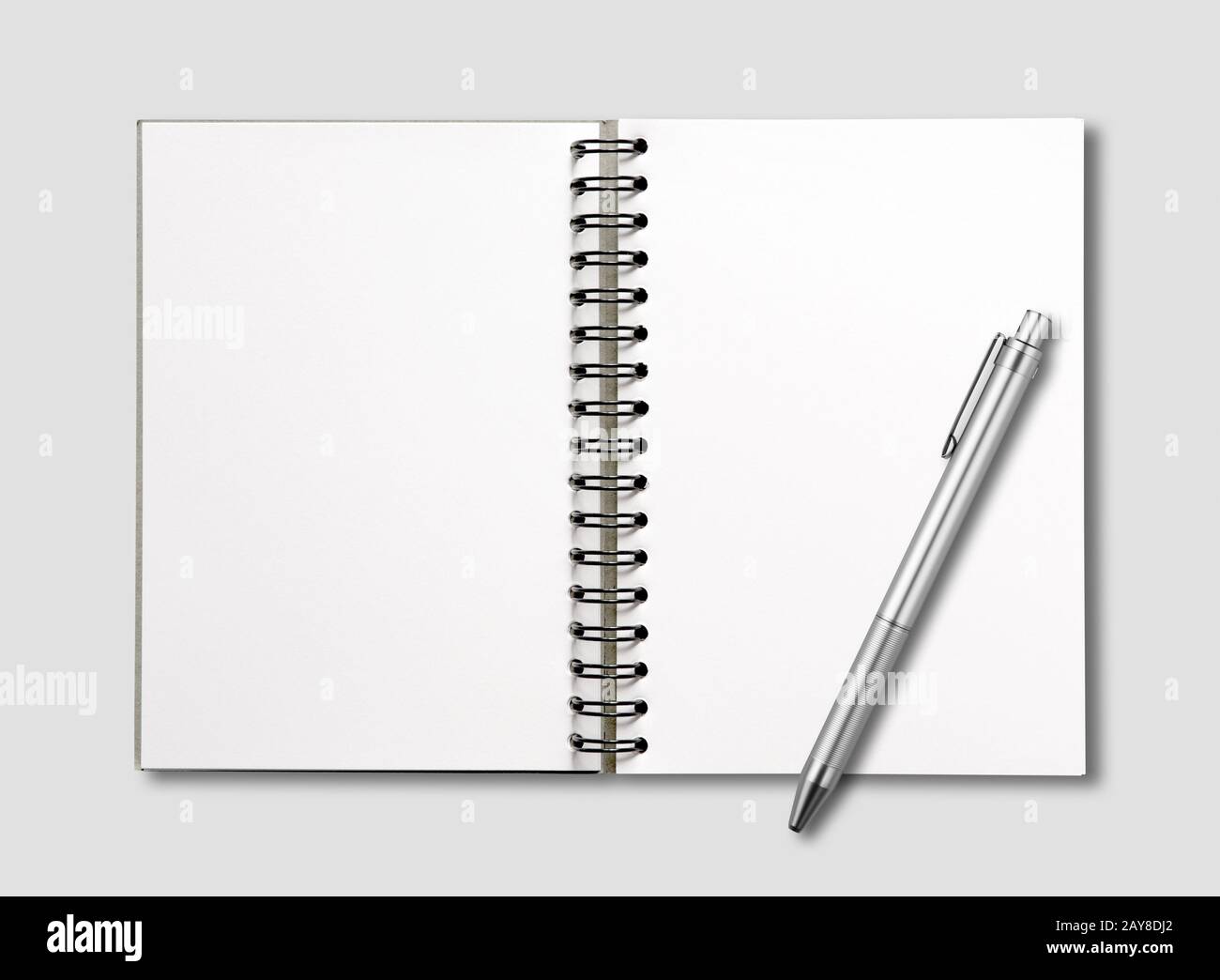 Blank open spiral notebook and pen isolated on grey Stock Photo