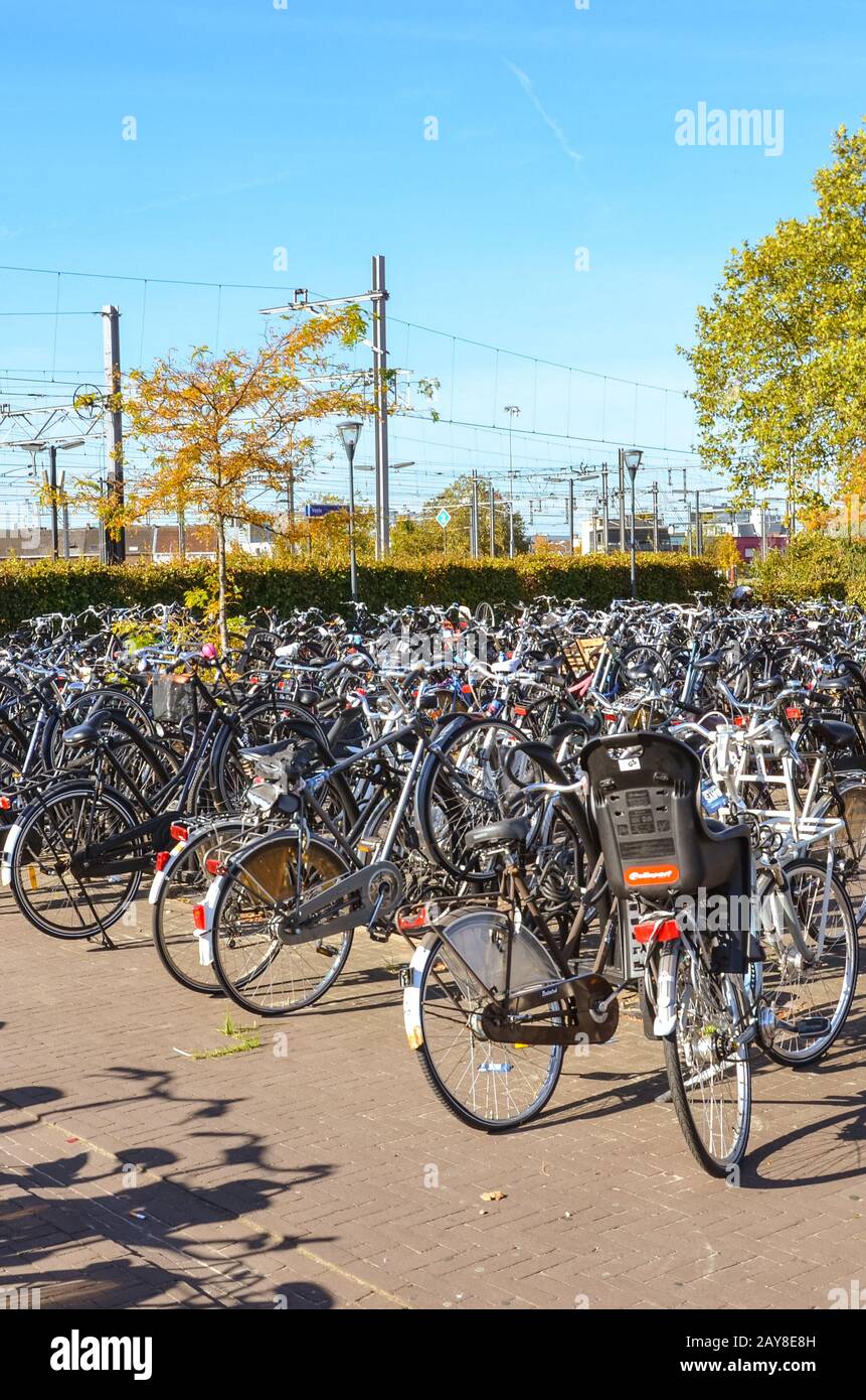 Venlo, Limburg, Netherlands - October 13, 2018: Rows of parked bicycles in the Dutch city close to the main train station. City biking. Eco-friendly means of transport. Vertical photo. Stock Photo