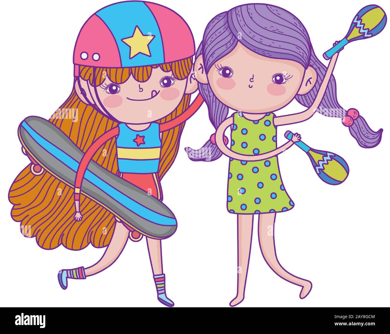 Happy Childrens Day Cute Girls With Skateboard And Maracas Cartoon Vector Illustration Stock Vector Image Art Alamy