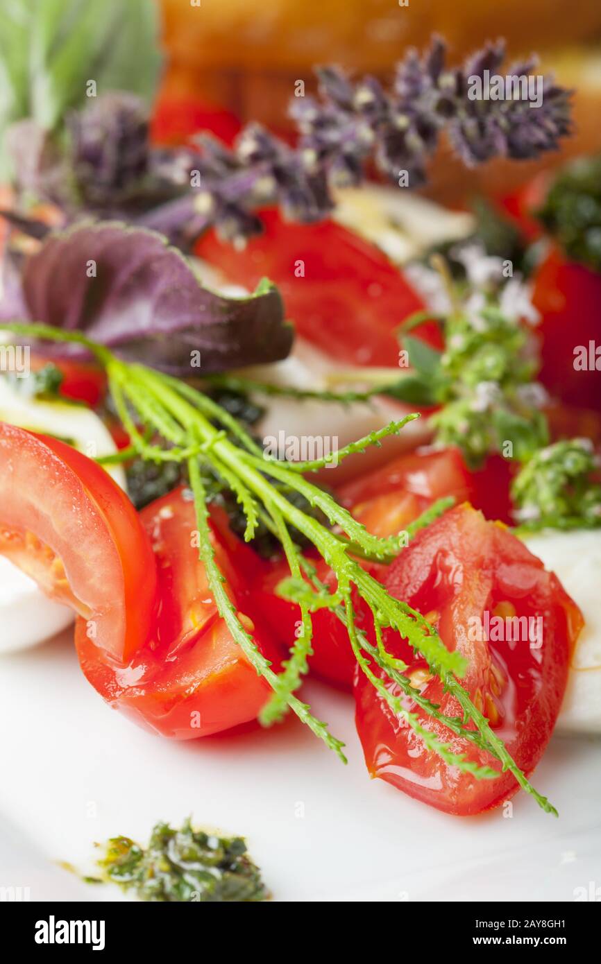 Close up of an Insalada Caprese with herbs Stock Photo