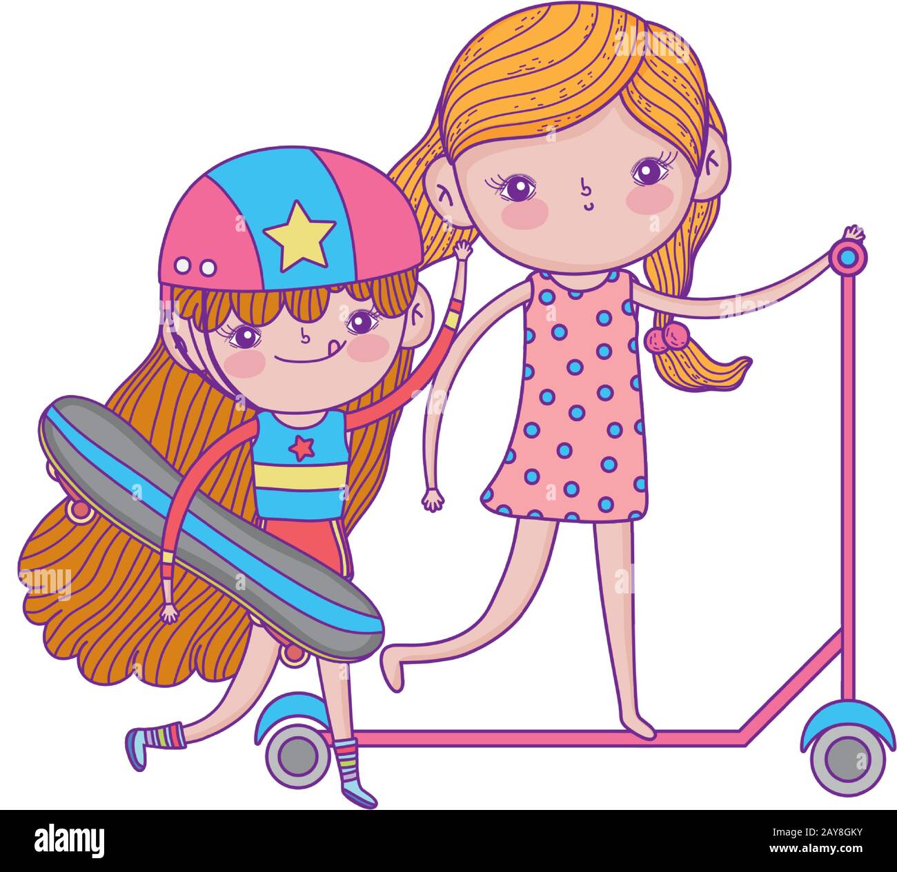 happy childrens day, girls with scooter and skateboard outdoor vector