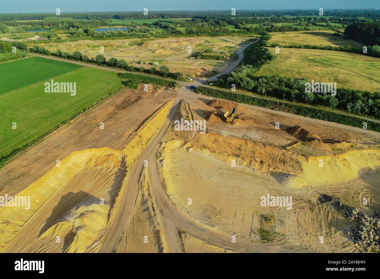 Aerial view Gravel quarrying from the air in a gravel pit Stock Photo