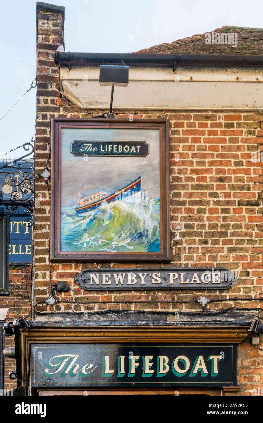 Sign for The Lifeboat pub in Market Street, Margate old town. Stock Photo