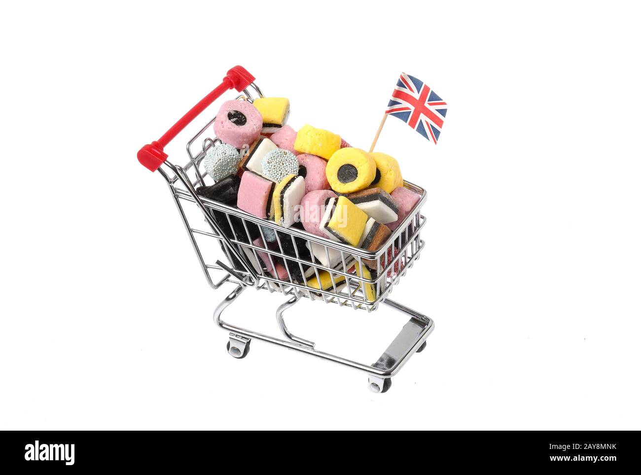 Shopping cart decorated with a British flag and filled with assorted