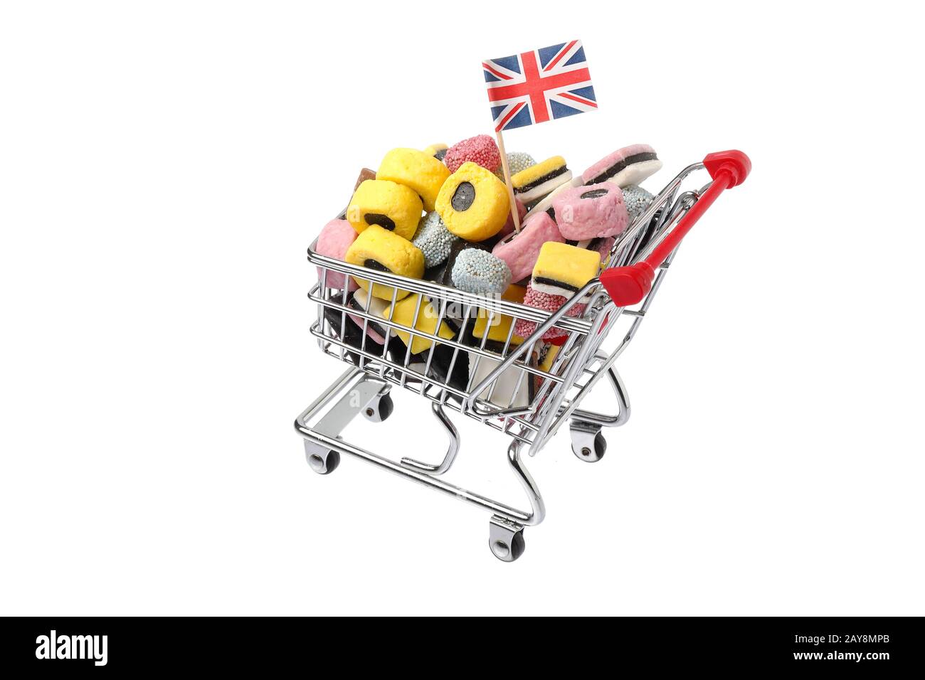 Shopping cart decorated with a British flag and filled with assorted