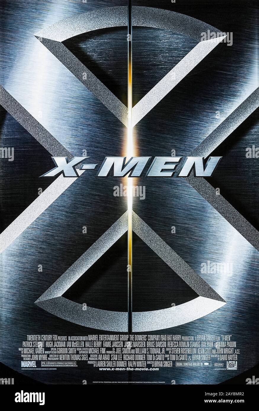 X-Men (2000) directed by Bryan Singer and starring Patrick Stewart, Hugh Jackman, Ian McKellen and Halle Berry. Professor Charles Xavier and his X-men fight to stop Magneto using his mutating machine on mankind. Stock Photo