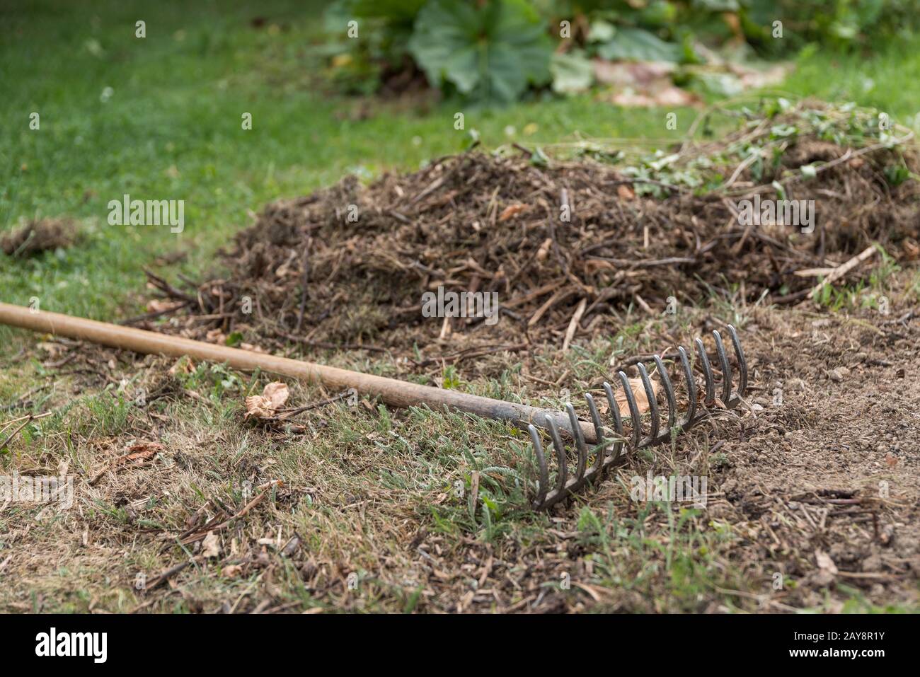 Garden rake dangerously parked - danger of garden tools Stock Photo