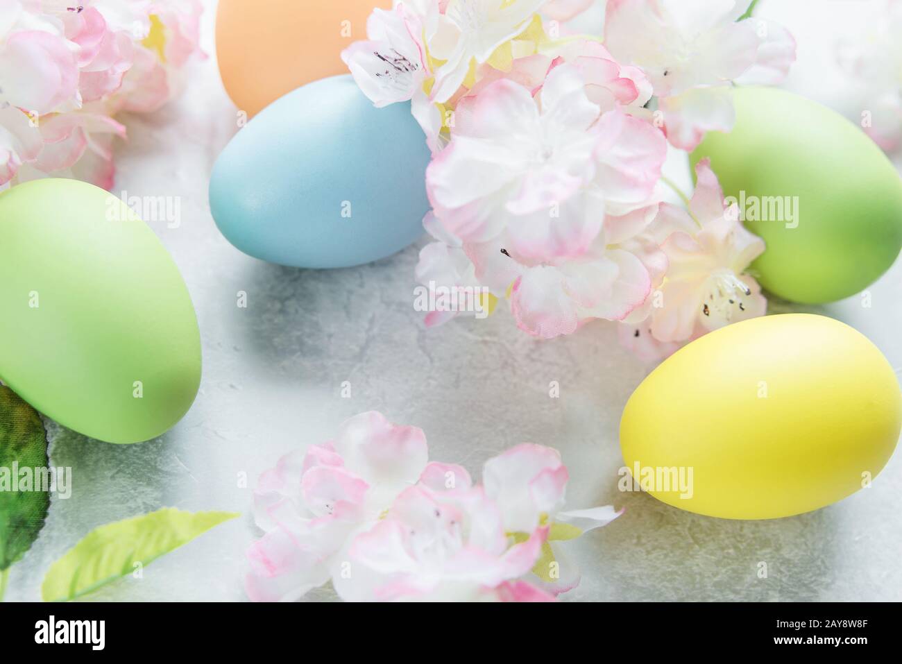 Easter composition with flowers and Easter eggs Stock Photo