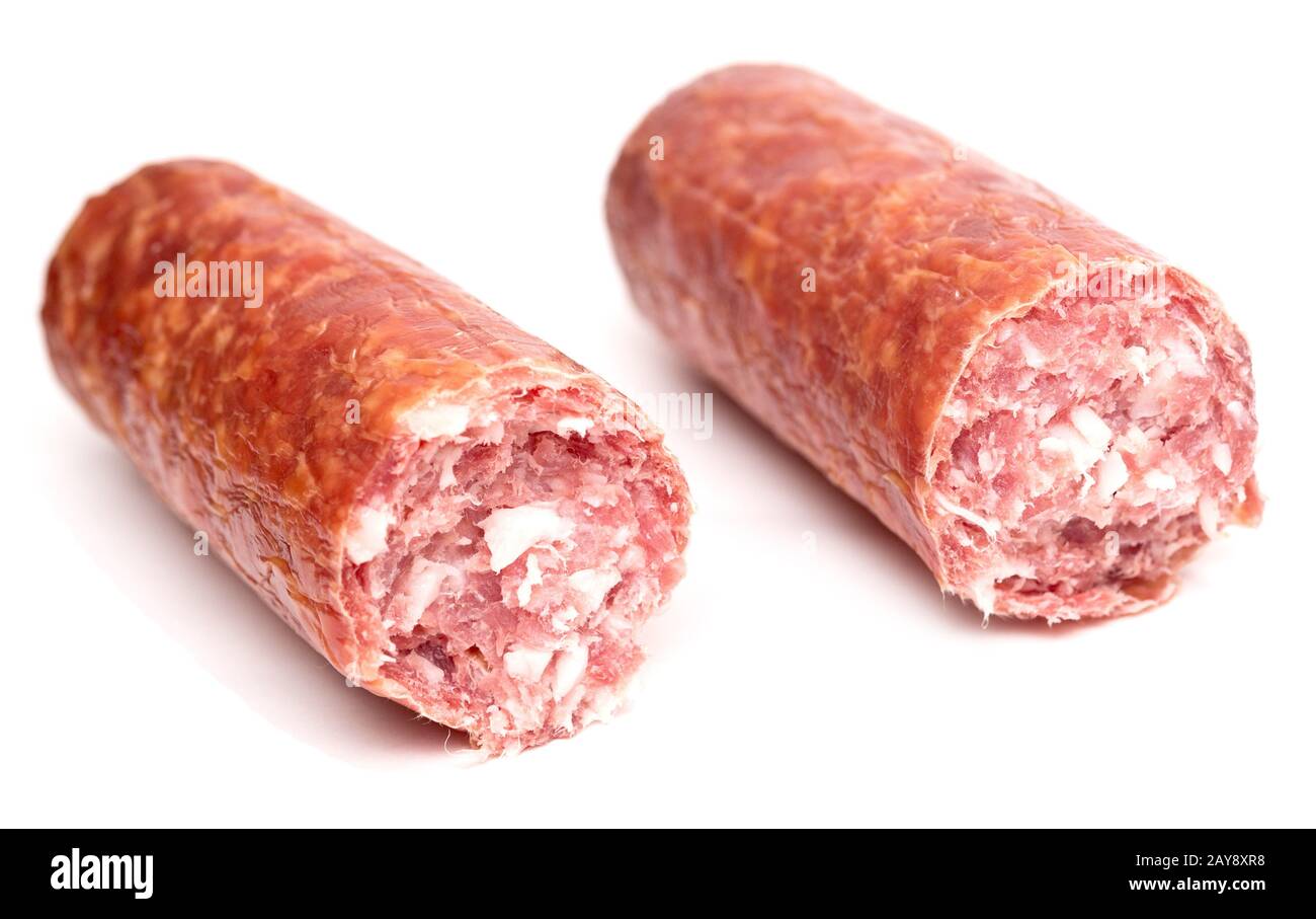 Salami sausage on white Stock Photo