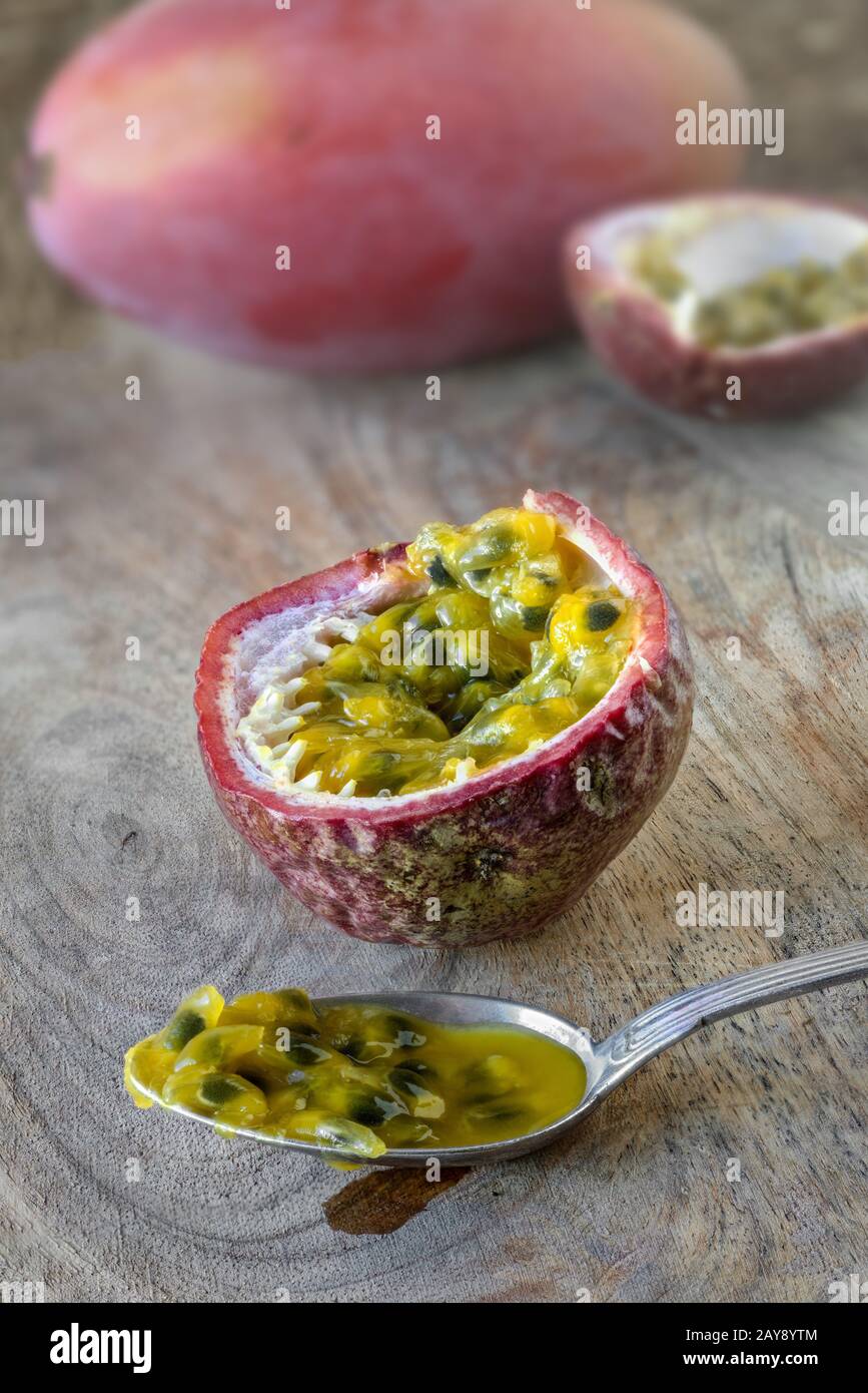 Passion fruits, opened Stock Photo