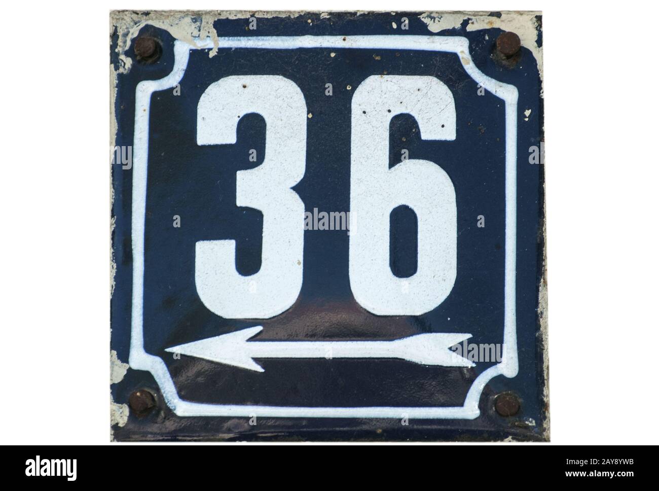 Weathered grunge square metal enameled plate of number of street address with number 36 closeup Stock Photo