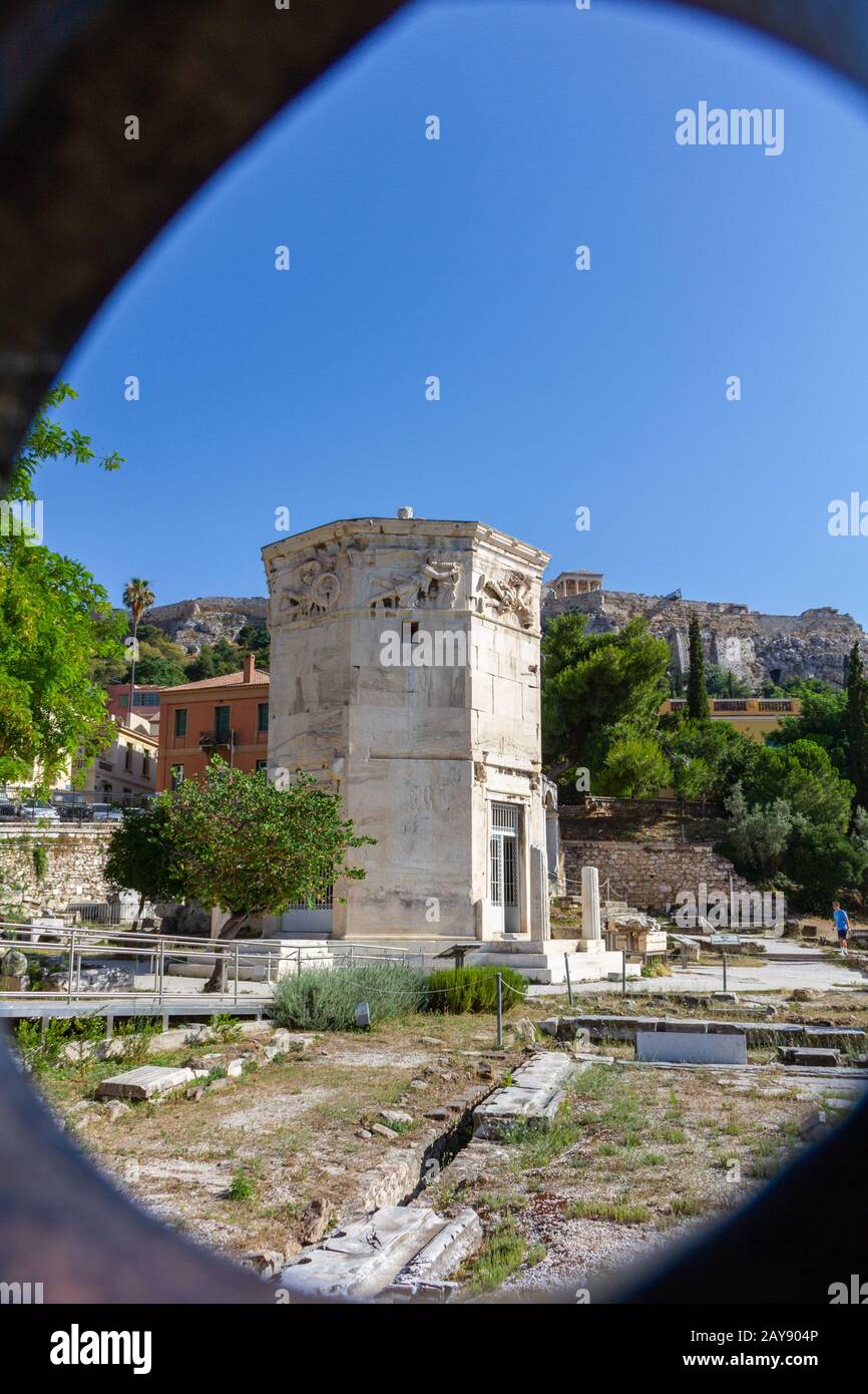 View through gate of Tower of the Wind-gods in Roman Forum and Acropolis Stock Photo