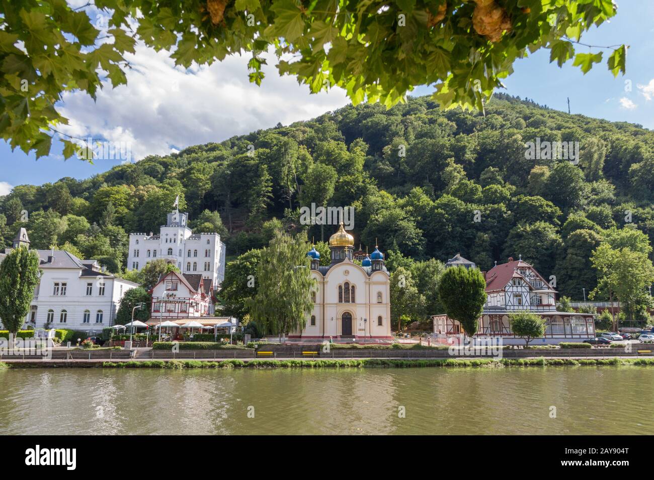 View of the spa town Bad Ems at the river Lahn in Germany with the Russion Orthodox church and Schloss Balmoral in view Stock Photo