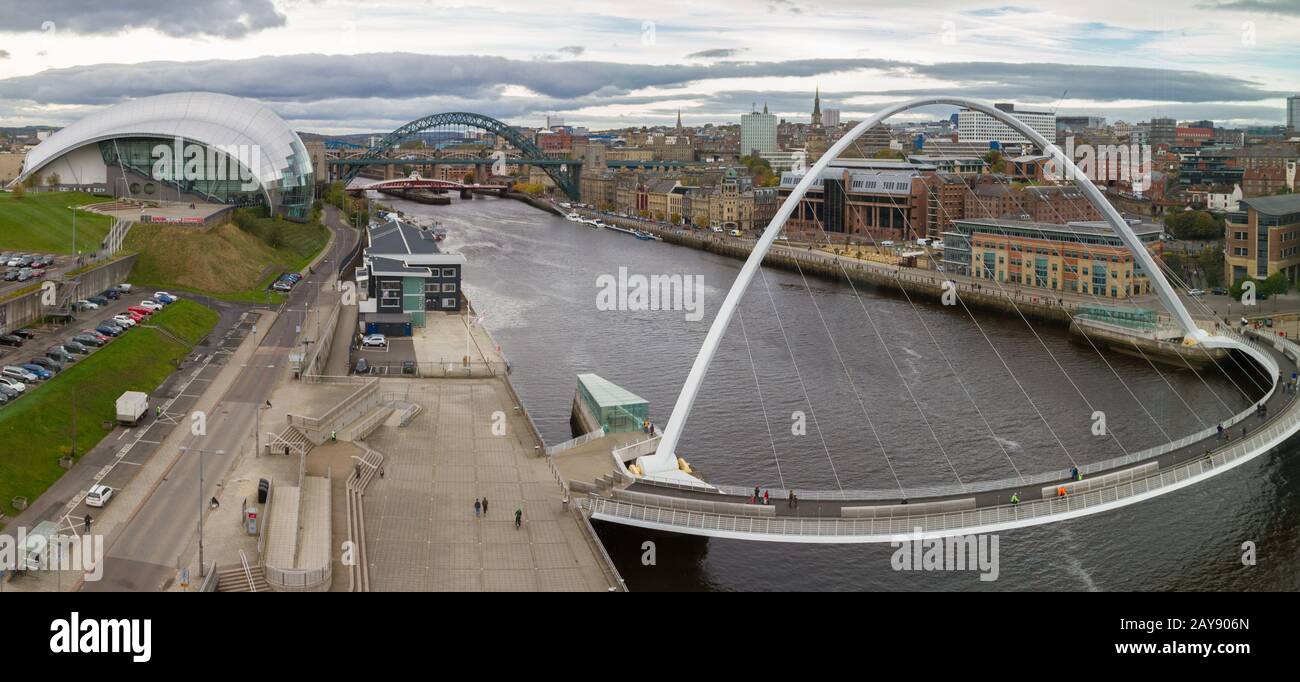 Panoramic view of Newcastle and Gateshead Quayside and Bridges, England Stock Photo