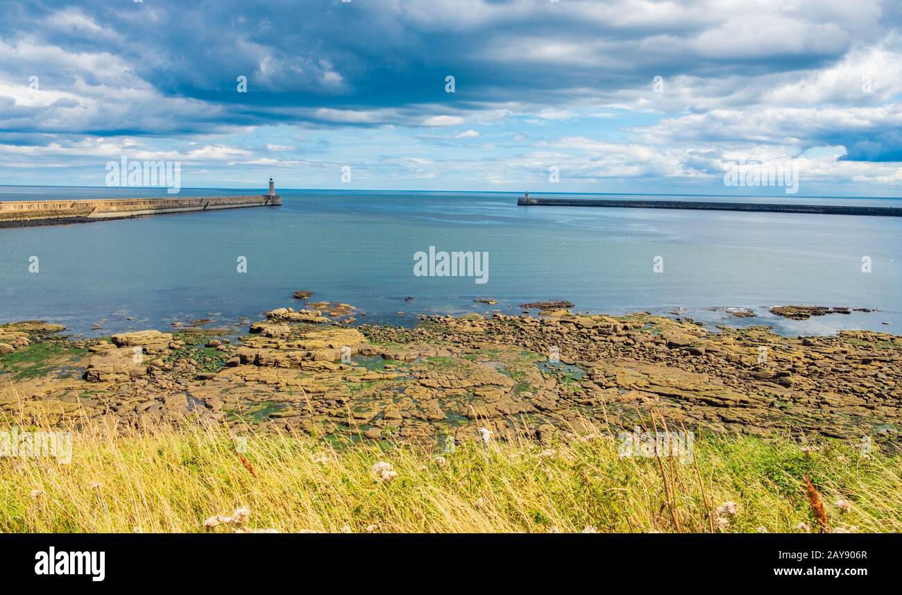 Beautiful landscape around Tynemouth Piers and lighthouses Stock Photo