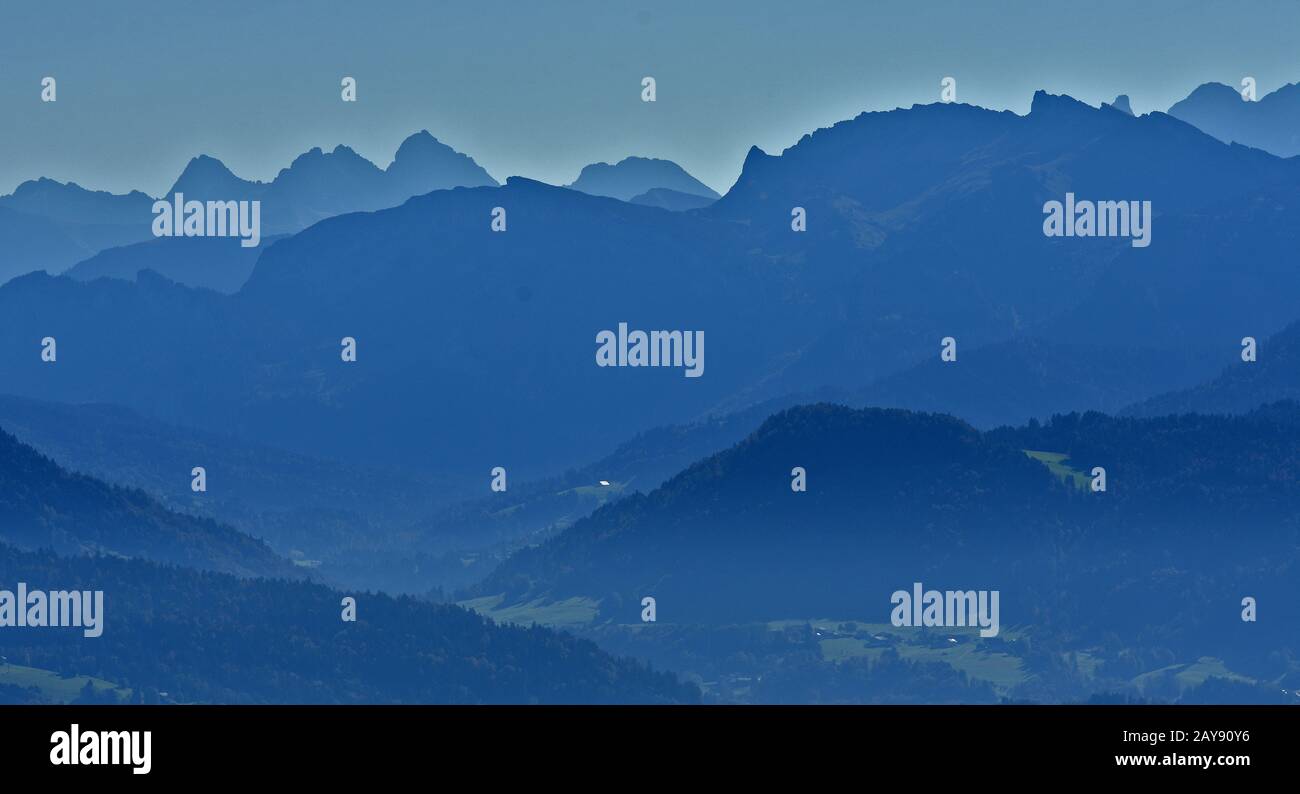 view from the mountain Pfänder near Bregenz at Lake Constance to the allgäuer alps Stock Photo