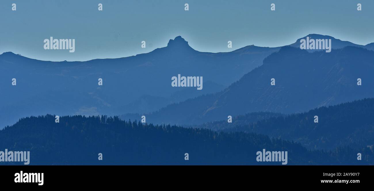 view from the mountain Pfänder near Bregenz at Lake Constance to the alps Stock Photo