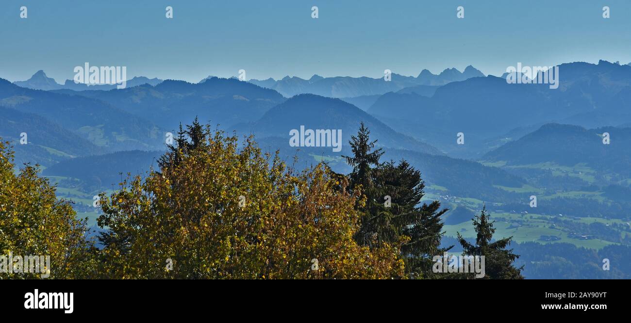 view from the mountain Pfänder near Bregenz at Lake Constance to the allgäuer alps Stock Photo
