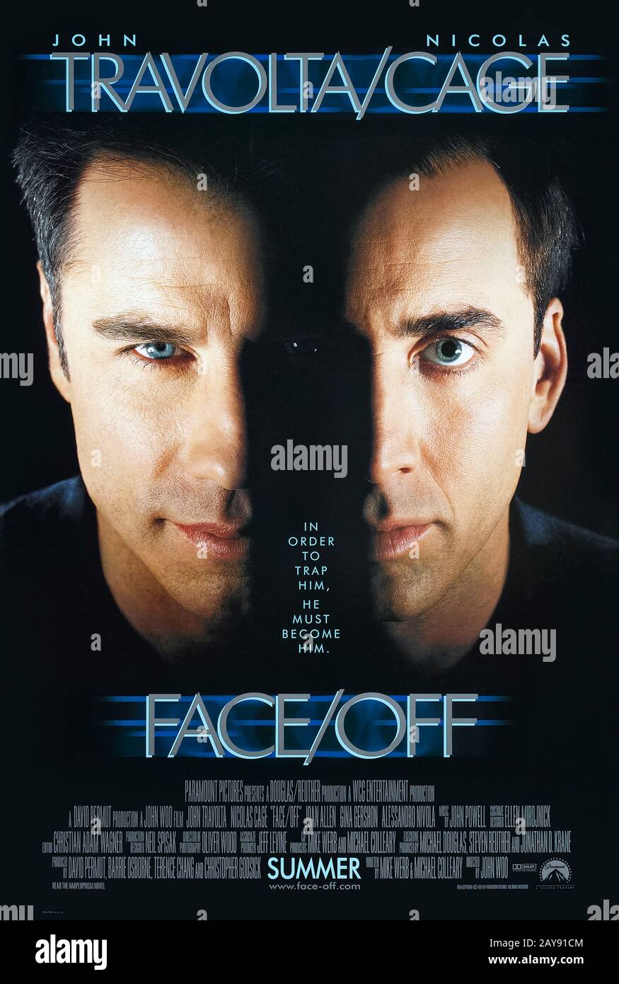 Face/Off (1997) directed by John Woo and starring John Travolta, Nicolas Cage and Joan Allen. An FBI agent undergoes a face transplant with a terrorist who killed his son in order to stop a deadly bomb. Stock Photo
