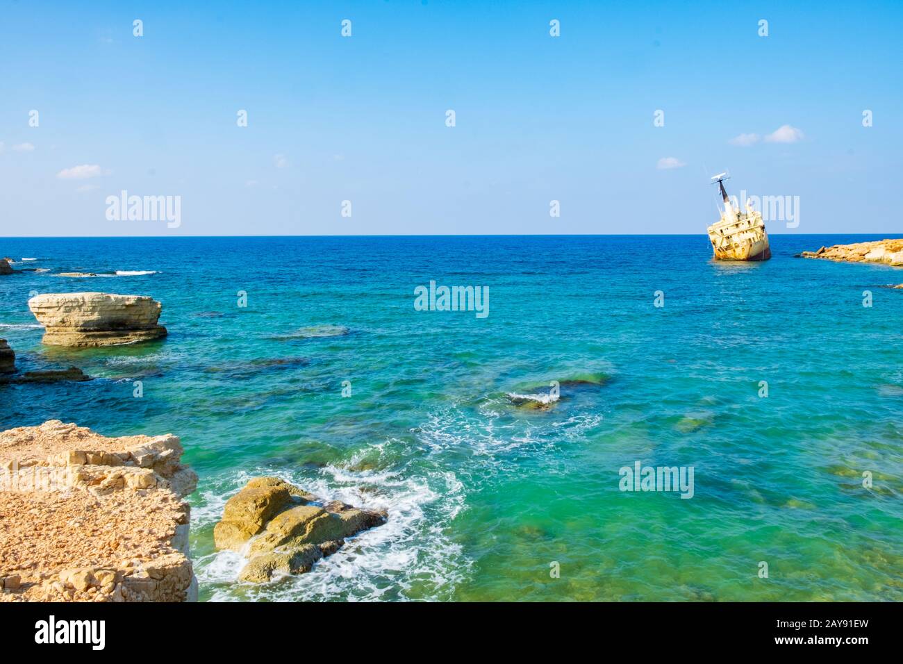 Abandoned rusty ship wreck EDRO III in Pegeia, Paphos, Cyprus. Stock Photo
