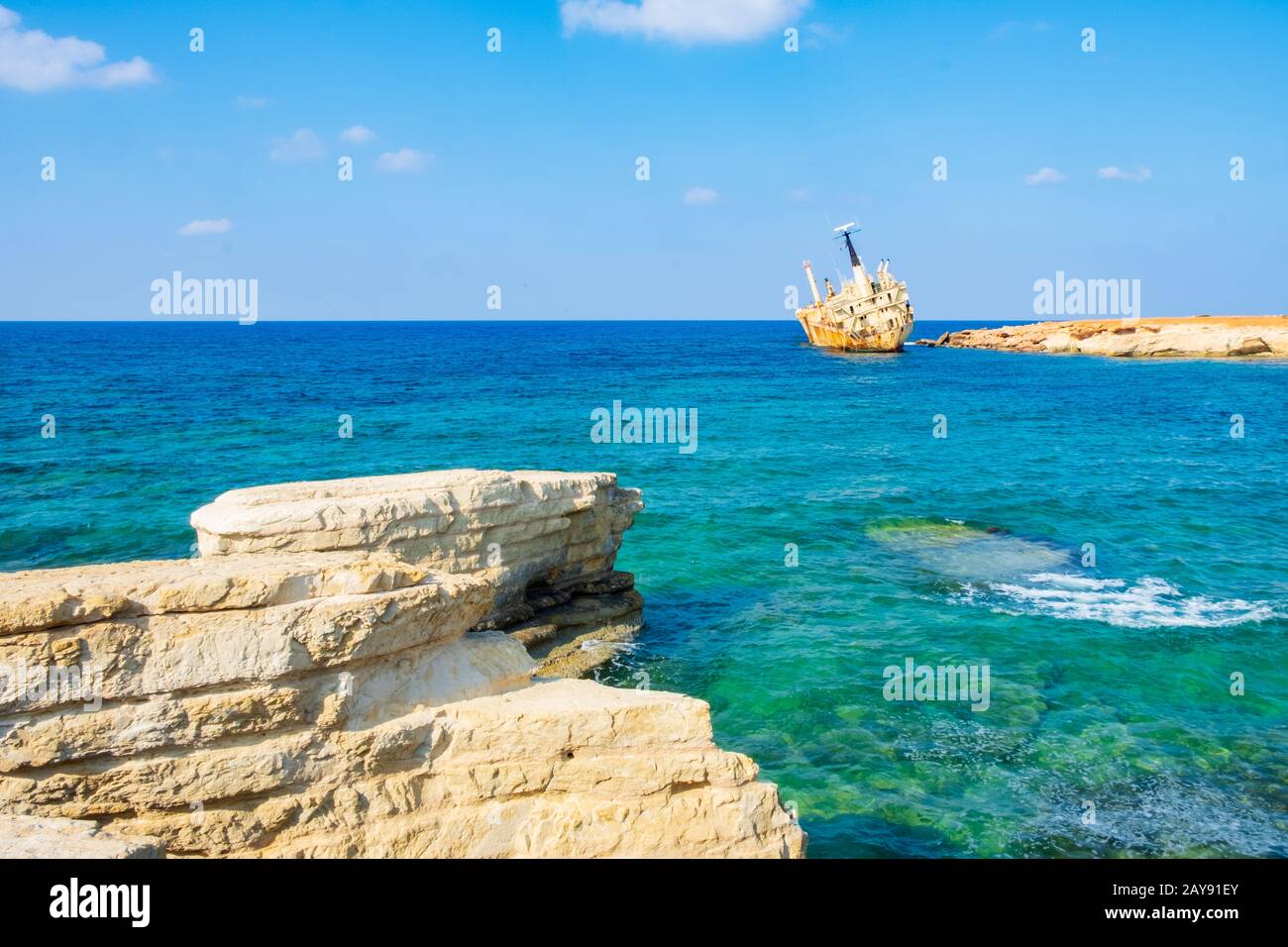 Abandoned rusty ship wreck EDRO III in Pegeia, Paphos, Cyprus. Stock Photo