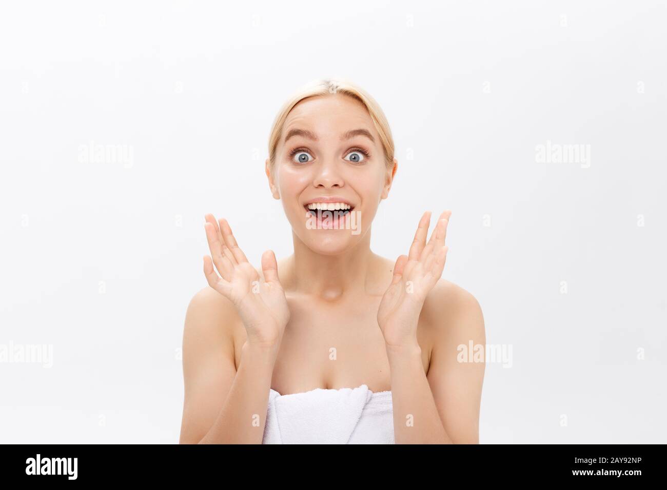 Image of excited screaming young beauty skin woman standing isolated over white background. Looking camera. Stock Photo