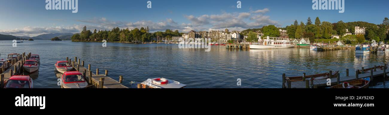 Bowness-on-Windermere panoramic harbor view in afternoon light, Lake District, Cumbria, UK Stock Photo