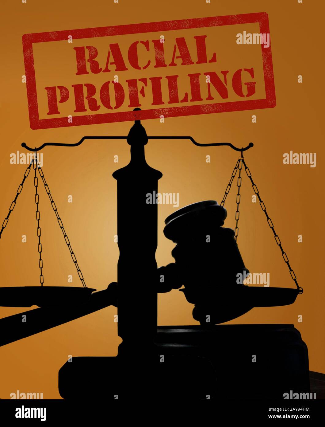 Racial Profiling text and gavel with scales Stock Photo
