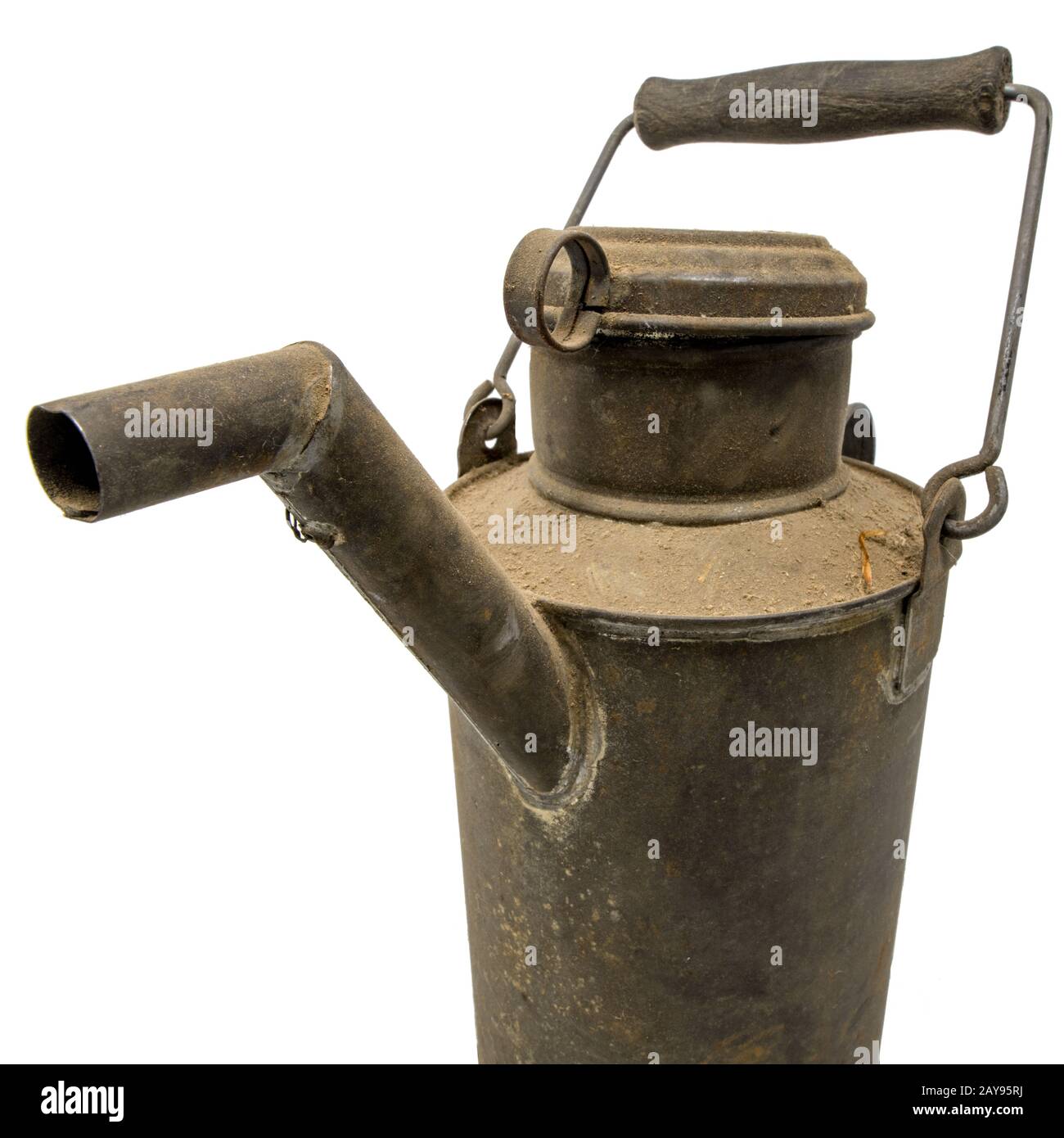 Old dirty oil can of tin with carrying handle isolated on white Stock Photo