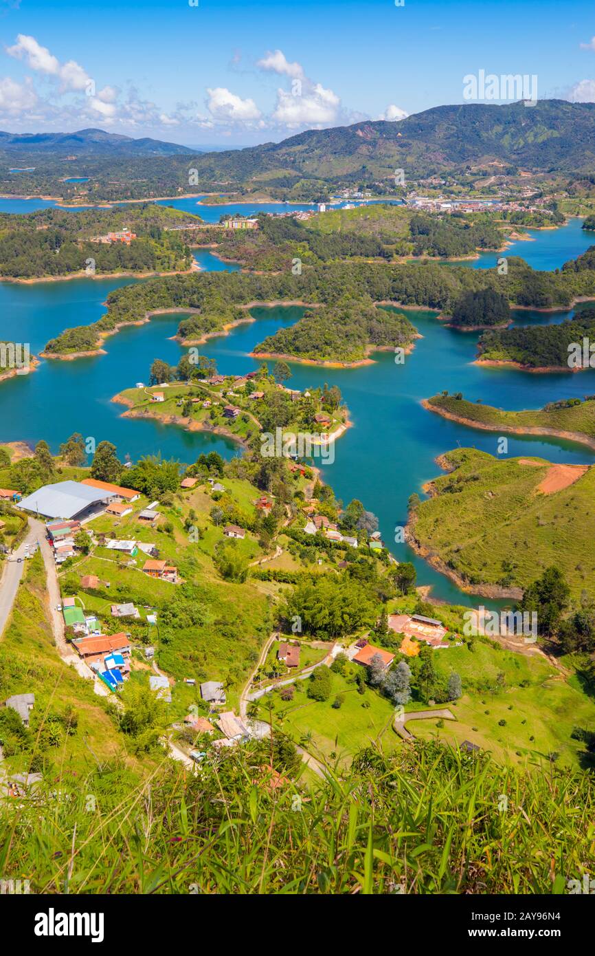 aerial view of the artificial lake of the Penol and the village of Guatape Stock Photo