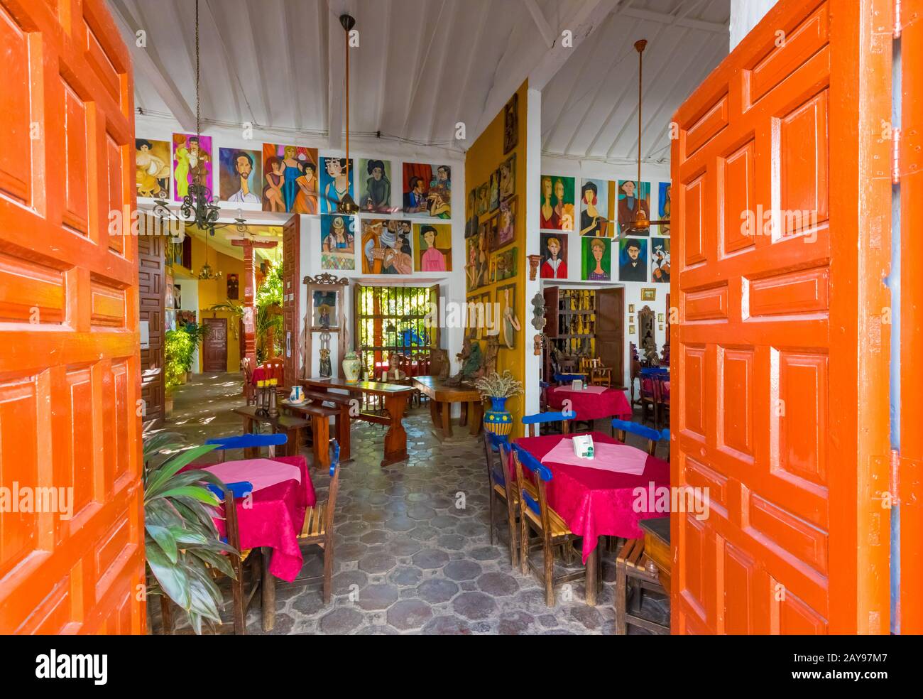 entrance of a typical historic restaurant in the city of Santa Fe of Antioquia Colombia Stock Photo
