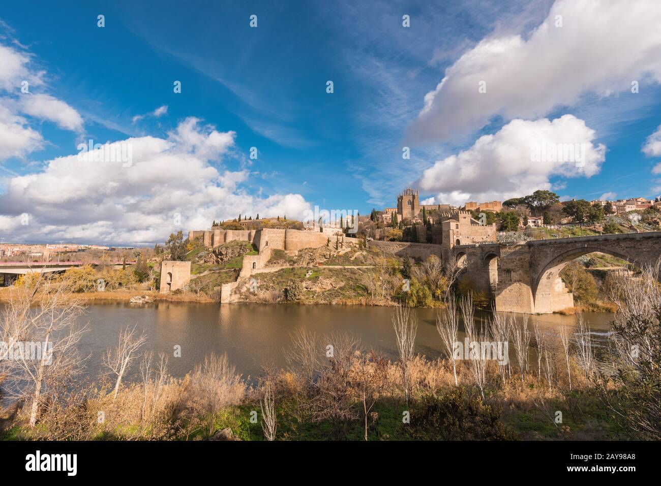 Toledo Medieval San Martin bridge, and cityscape, Toledo, Castilla la Mancha, Spain. Stock Photo