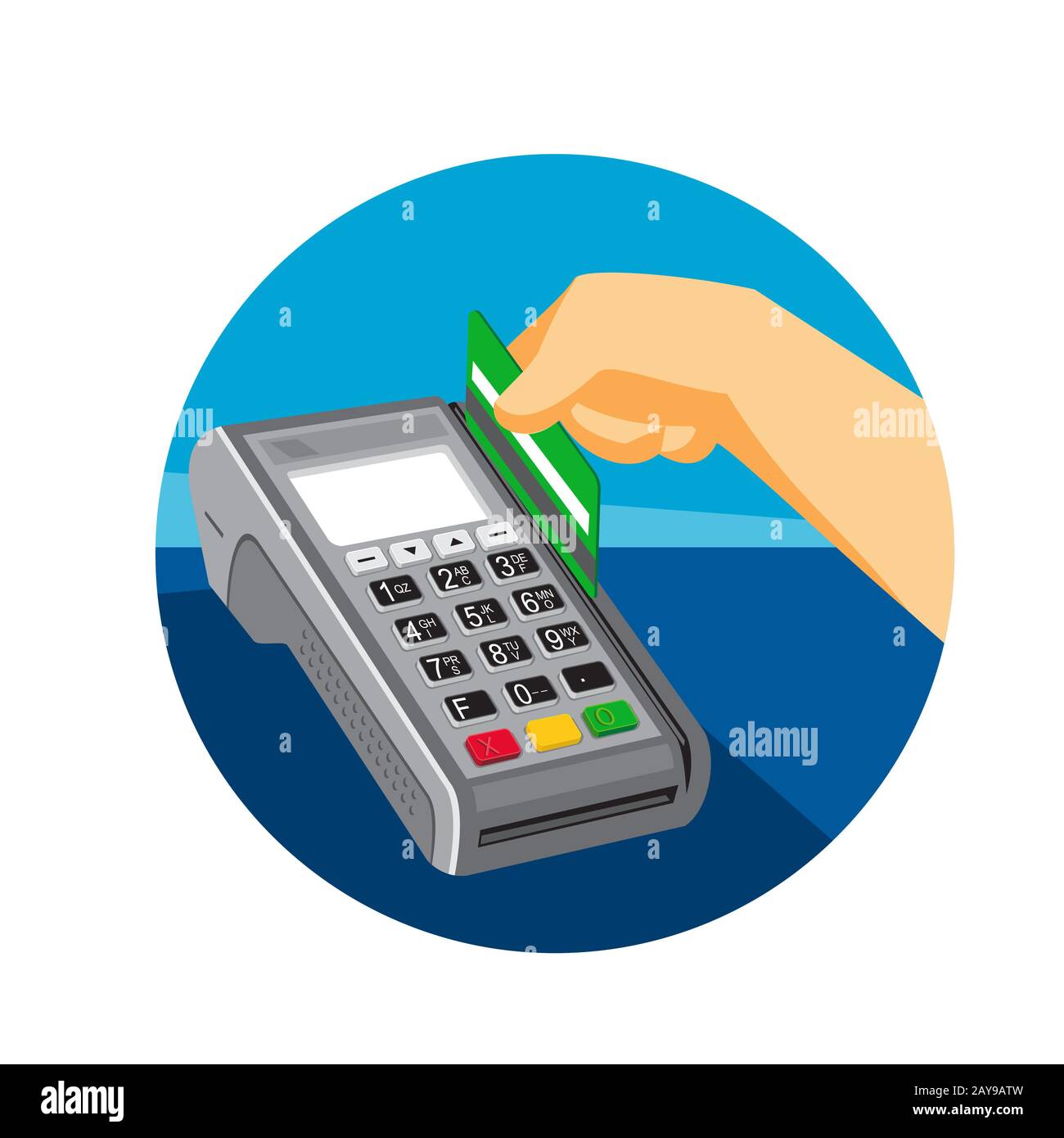 Hand Swiping Credit Card on POS Terminal Retro Stock Photo